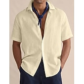 cheap Classic-Men's Shirt Linen Shirt Button Up Shirt Solid Color Vacation Street Black White Yellow Light Green Short Sleeve Shirt Collar Summer Spring Clothing Apparel Buttons