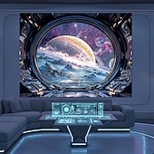 cheap Wall Tapestries-Spaceship Porthole View Outer Space Galaxy Universe Ringed Planet Nebula Stars Icy Moon Landscape Sci-Fi Window Wall Tapestry Hanging for Gaming Room Decor Bedroom Office Backdrop
