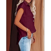 cheap Plain Blouses-Women's Blouse Cotton Shirt Buttons Solid Color Vintage Daily Stylish Short Sleeve Shirt Collar Regular Tops Daily Blue Black White Pink Wine Summer Spring
