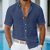 abordables Vacances-Homme Chemise Chemise en lin Chemise Décontractée Chemise Boutonnée Chemise en coton Uni Occasionnel Plage Bleu Noir Blanche Rose Claire Manche Courte Col Rabattu Été Vêtement Tenue Pur