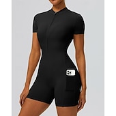 economico Set e Tutine-Per donna Tute da allenamento Tutina Tasca Cerniera Frontale Tinta unica Body Estate Primavera Autunno Bianco latte Nero Corsa Fitness Yoga Sollevamento glutei Asciugatura Rapida Elastico Manica Corta