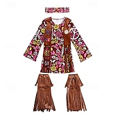 preiswerte Outfits-Set Retro Vintage 1970er Kleid Kopfschmuck Zubehör langarm Hippie Disco Fransen Blumen Kostüm Damen Halloween Karneval Musikfestival Retro-Mottoparty Erwachsene Kleid Kopfschmuck Weitere Accessoires