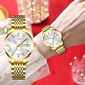 voordelige Quartz-horloges-Luxe dameshorloge, tweekleurige goud-zilveren roestvrijstalen band, lichtgevende wijzers met datum- en dagweergave, elegante zwarte wijzerplaat met diamanten accenten, een stijlvol polshorloge voor