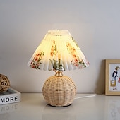 cheap Room Decor Lights-Rattan Wicker Lampshade, Small Table Lampshade, Mini Bedside Lamp For Bedroom, Living Room, Scalloped Lampshade, Side Table, Vintage Aesthetic Pleated Lampshade