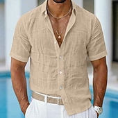 abordables Vacances-Homme Chemise Chemise en lin Chemise Décontractée Chemise Boutonnée Chemise en coton Uni Occasionnel Plage Bleu Noir Blanche Rose Claire Manche Courte Col Rabattu Été Vêtement Tenue Pur
