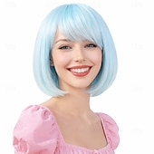 cheap Party Wigs-Blue Purple Ombre Bob Wig with Bangs, Colorful Short Funny Bob Wigs Cosplay Hairpieces for Halloween Costume Party Heat Temperature Synthetic Fiber for Women Men