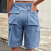 abordables Pantalones cortos bermudas-Mujer Bermudas Pantalón Corto Cargo Chinos Vacaciones Ropa de calle Casual Longitud de la rodilla Media cintura Color sólido Bolsillo Confortable Rígido Diario Exterior Vacaciones Azul Piscina Ocre