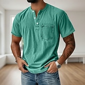 cheap Casual Henley Tee-Men's Henley Shirt 100% Cotton Acid Wash Shirt T shirt Tee Short Sleeve Solid Retro Vintage Casual Vintage Style Washed Henley Casual Summer Spring Fall Black Pink Light Green Henley T-Shirt