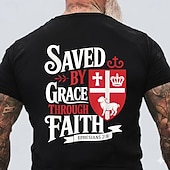 abordables T-shirts de foi-T-shirt religieux chrétien à manches courtes, coupe standard, idéal pour un homme, avec le message « Sauvés par la grâce au moyen de la foi » (Éphésiens 2:8). Motif : bouclier rouge, croix, couronne,