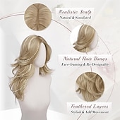 お買い得  トレンドの合成ウィッグ-女性用、ダーティブロンドのウェーブのかかったレイヤードウィッグ、カーテンバング付き、長さ22インチの合成繊維製、自然な見た目のセンターパートウィッグ、コスチュームパーティーや普段使いに最適