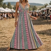 economico Vestiti-Stile Boho Retrò Vintage Boho Lunghezza lunga Vestito Senza maniche Stile Boho Scollo a V Costume Per donna Mascherata Festival Musicale Festa a tema retrò Adulti Vestito Estate