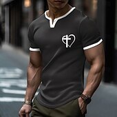  T-shirt Henley minimaliste à col en V pour homme, imprimé croix et cœur, style chrétien, coupe ajustée, texture gaufrée, idéal pour Pâques, dimanche, église et tous les jours. Disponible en tailles S,