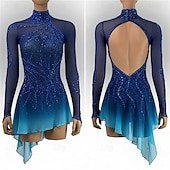 preiswerte Eiskunstlaufkleider-Eiskunstlaufkleid Damen Eislaufen Kleid Blau Patchwork Daumenloch Dehnbar Training Wettbewerb Eiskunstlaufkleidung Klassisch Kristall / Strass Langarm Eislaufen Eiskundstlauf