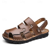 abordables Sandalias casuales-Sandalias de cuero negras con correa ajustable para hombre: transpirables, ligeras, cómodas para exteriores y uso informal de verano.