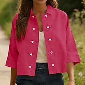 baratos Camisas-Mulheres Camisa Social Camisas com toque de linho Camisa casual camisa de botão Botões Côr Sólida Férias Vintage Moda Meia Manga Aberto para a Lateral Tops regulares Diário Feriado Roupa de Praia