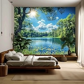 preiswerte Wandteppiche-Natur, Wald, See und Sonnenlicht – realistische 3D-Landschaft, Wandteppiche mit grünen Bäumen und blauem Himmel, sommerliche Landschaft, ideal für Schlafzimmer, Wohnzimmer, Homeoffice.