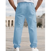 cheap Cotton Linen Pants-Men's Linen Pants Trousers Summer Pants Beach Pants Drawstring Elastic Waist Solid Color Comfort Breathable Full Length Daily Outdoor Beach Vacation Fashion Black White Inelastic