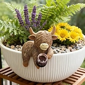 זול פסלי גן ופסלים-פסלוני שרף של פרה היילנד עם כוסות שתייה, תוספות חמודות לעציצים, פסל צפרדע משרף, מושלם לקישוט עציצים, גינות, אקווריומים וטרסות