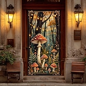 economico Striscioni per Garage e Porte-foresta di funghi incantata, luci fatate, funghi rossi e felci, stravagante striscione per porta, arazzo da parete, arredamento per la casa in stile cottage, decorazione per porta d'ingresso,