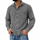 cheap Men's Button Up Shirts-Men's Shirt Casual Shirt Vintage Shirt Button Up Shirt 100% Cotton Acid Wash Shirt Blue Black Light Green Wine Navy Blue Long Sleeve Plain Lapel Streetwear Going out Pocket Clothing Apparel Cotton