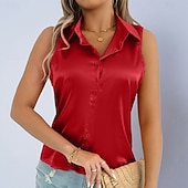 cheap Plain Blouses-Women's Shirt Satin Blouse Dress Shirt Button Up Shirt Solid Color Plain Elegant Fashion Casual Sleeveless Turndown Regular Tops Daily Office Work Black White Yellow Red Purple Summer Spring Fall