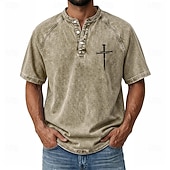 preiswerte Vintage&amp;amp;Retro-Herren Kreuz Jeans hemden Hemd aus 100 % Baumwolle in Säurewaschung Henley Oberteil Kurzarm Vintage Lässig Betrübt Lässig Heim Straße Frühling &amp; Sommer Herbst Winter Sommer Schwarz Rosa Leicht Grün