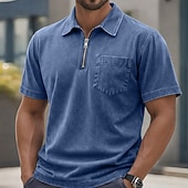 abordables Polo classique pour homme-Homme Polo Chemise 100% coton délavée à l'acide Occasionnel Tenue quotidienne Zip quart Manche Courte ancien Basique Uni Avec Poches Affligé Été Coupe régulière Vert Armée Noir Rose Claire bleu