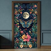 billiga Garage &amp; Dörr Banners-mystisk fjäril fullmåne blomma trädgårdsdörrbanderoll nattskog vibrerande blommig fantasikonst dörrskydd för entré sovrum heminredning festbakgrund