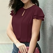 Недорогие Простые блузки-Жен. Рубашка Блуза Пэчворк Пуговицы Сплошной цвет Элегантный стиль Мода Повседневные С короткими рукавами Вырез под горло Обычные топы Уличная одежда Офис