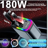 abordables Cargadores inalámbricos-Cargador rápido para coche 5 en 1 de 180 W, adaptador de corriente USB tipo C, cargador de teléfono retráctil con luz de techo tipo estrella para teléfonos iOS y Android.