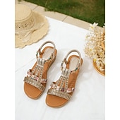 tanie Sandały wakacyjne-damskie sandały na koturnie z ozdobami z kryształków – wygodne elastyczne paski i kwiatowe wzory na co dzień, latem