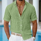 abordables Vacances-Homme Chemise Chemise en lin Chemise Décontractée Chemise Boutonnée Chemise en coton Uni Occasionnel Plage Bleu Noir Blanche Rose Claire Manche Courte Col Rabattu Été Vêtement Tenue Pur