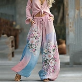 cheap Graphic Pants-Women's Graphic Wide Leg Pants Trousers Palazzo Pants Fashion Boho Full Length High Waist Flower Drawstring Elastic Waist Print Breathability Comfortable Street Daily Wear Going out Blue Pink Purple