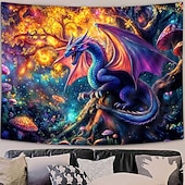 cheap Wall Tapestries-Fantasy Mythical Purple Dragon Magic Enchanted Forest Glowing Mushroom Psychedelic Art Large Wall Tapestry Hanging for Living Room Bedroom Dorm Home Decor Mural Backdrop