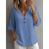  Femmes Chemises effet lin Chemisier Chemise en faux lin Boutons Couleur Unie Quotidien Élégant Basique Manche 3/4 Col en V Hauts Réguliers Quotidien Bleu Blanche Jaune Vert Gris Été Printemps Automne