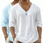  Camiseta de lino para hombre, 2 piezas, manga larga, cuello en V, verano, primavera &Conjunto de 2 piezas liso para verano, color liso, para uso diario, estilo urbano, informal, para exteriores, color