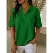  Damskie Podkoszulek Koszulki polo Koszulki Swetry w wafelkowatej dzianinie Równina Moda Elegancki Podstawowy Krótki rękaw Kołnierzyk koszuli Zwykłe topy Codzienny Wyjściowe Weekend Niebieski Czarny