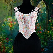 billige Topper-Kostymer i middelalderstil Renessanse Cottagecore Korsett Bodice Viking Bonde Blondér Blomstret Kostyme Dame Keltisk fantasi Halloween Karneval Ytelse LARP Ren Faire Voksne Korsett