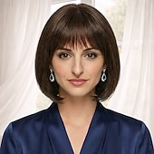 Недорогие старший парик-Элегантный парик-каре для женщин — гладкий темно-коричневый с естественной челкой.