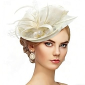 baratos Fascinadores-Fascinadores Linho Casamento Aniversário Vintage Estilo bonito Retro Com Penas Capacete Chapéu