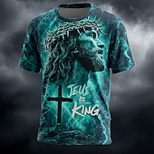  Camiseta Masculina dos Cruzados Bíblia Jesus É Rei Coroa de Espinhos Cruz Relâmpago Azul Elétrico Poderoso Cristão Religioso Estampa Total Camiseta de Manga Curta Gola Redonda Presente da Igreja