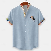 cheap Birds &amp; Animals-Men's Bird Tropical Plants Toucans Summer Hawaiian Shirt Button Up Shirt Stand Collar Shirt Short Sleeve Hawaiian Casual Beach Vacation Wear Summer Spring Mandarin Collar 3D Print Linen Like Shirt