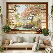cheap Wall Tapestries-3D Zen Garden Window View Wall Tapestry Cherry Blossoms Sakura Pond Rocks Shoji Screen Tea Set Home Decor Living Room Bedroom Backdrop Office Mural Art
