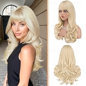 abordables Pelucas sintéticas de moda-Pelucas rubias con flequillo, corte de pelo largo ondulado en capas, aspecto natural, peluca sintética esponjosa resistente al calor para mujeres, ideal para fiestas y uso diario, 24 pulgadas.
