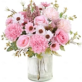 cheap Artificial Flower-Artificial Flowers Like Real Artificial Bouquet 2/4 Packs Silk Artificial Roses Bouquet with Daisy Chrysanthemum Pink Flowers for Valentines Day Centerpiece Table Wedding Party Decor