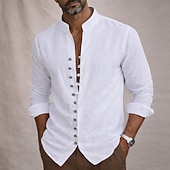 cheap Classic-Men's Shirt Linen Shirt Summer Shirt Casual Shirt Button Up Shirt Plain Casual Daily Blue Black White Pink Long Sleeve Stand Collar Summer Spring Clothing Apparel Button Front