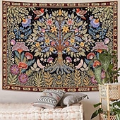 billige Veggoppheng-Livets tre folkekunst veggteppe bohemsk etnisk fugler og blomster natur landskap svart bakgrunn åndelig hjemdekor stue soverom bakgrunn innendørs veggmaleri