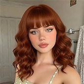 billiga Syntetiska peruker utan hätta-Black Mixed Brown Wig with Bangs Short Wavy Bob Wigs for Women Synthetic Shoulder Length Hair Natural Looking Curly Wig Heat Resistant Hair Replacement Bob Wigs (14 Inch)