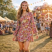cheap Outfits-Set Retro Vintage 1970s Dress Headpiece Accessories Long Sleeves Hippie Disco Floral Paisley Fancy Dress Women's Halloween Carnival Music Festival Retro Theme Party Adults' Dress Headpiece More