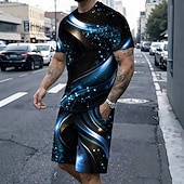 cheap Men's Printed Tees sets-Men's Galaxy 2pcs Tees sets Summer Tops Short Sleeve Short Pants Crew Neck Sport Casual Trendy Daily Vacation Going out 3D Print Summer Blue Red Purple